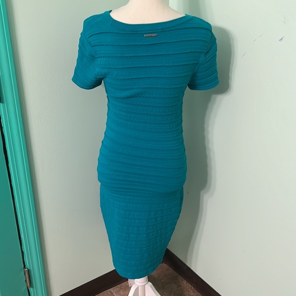 Michael Kors turquoise scalloped edge stretchy striped bodycon dress - Picture 9 of 12